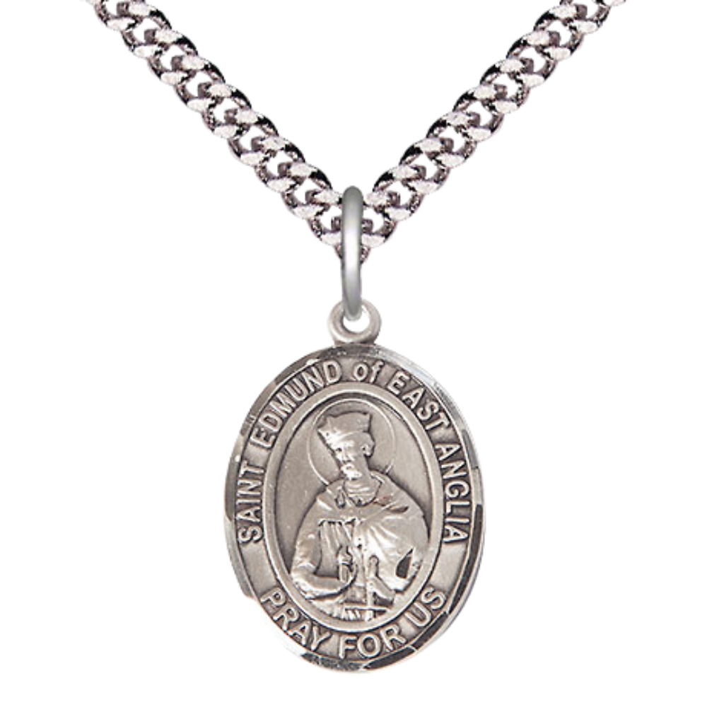 Medium Men's Pewter Saint St. Edmund of East Anglia Medal Pendant on 24 Inch Endless Rhodium Plated Heavy Curb Brass Chain, Catholic Religious Necklace - Made in USA- Deluxe Velvet Gift Box