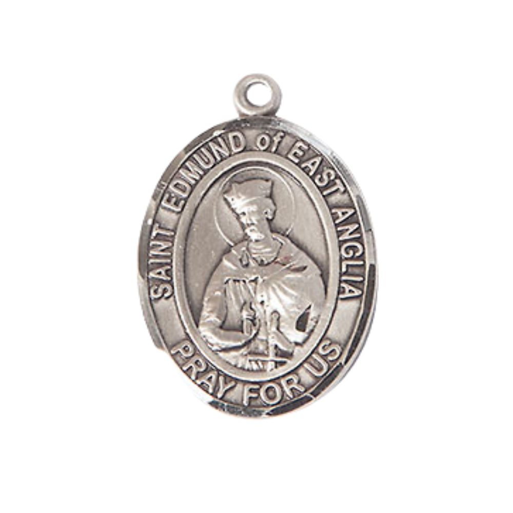 Medium Men's Pewter Saint St. Edmund of East Anglia Medal Pendant on 24 Inch Endless Rhodium Plated Heavy Curb Brass Chain, Catholic Religious Necklace - Made in USA- Deluxe Velvet Gift Box