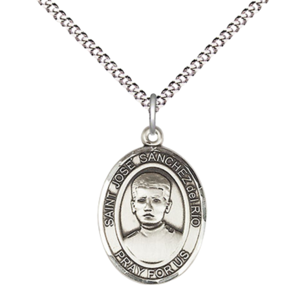 Medium Women's Pewter Saint St. Jose Sanchez del Rio Pendant Necklace on 18- inch Rhodium- Plated Lite Curb Brass Chain – 3/4- inch Medal with Lobster Claw Clasp, Catholic Medal – Velvet Gift Box Included
