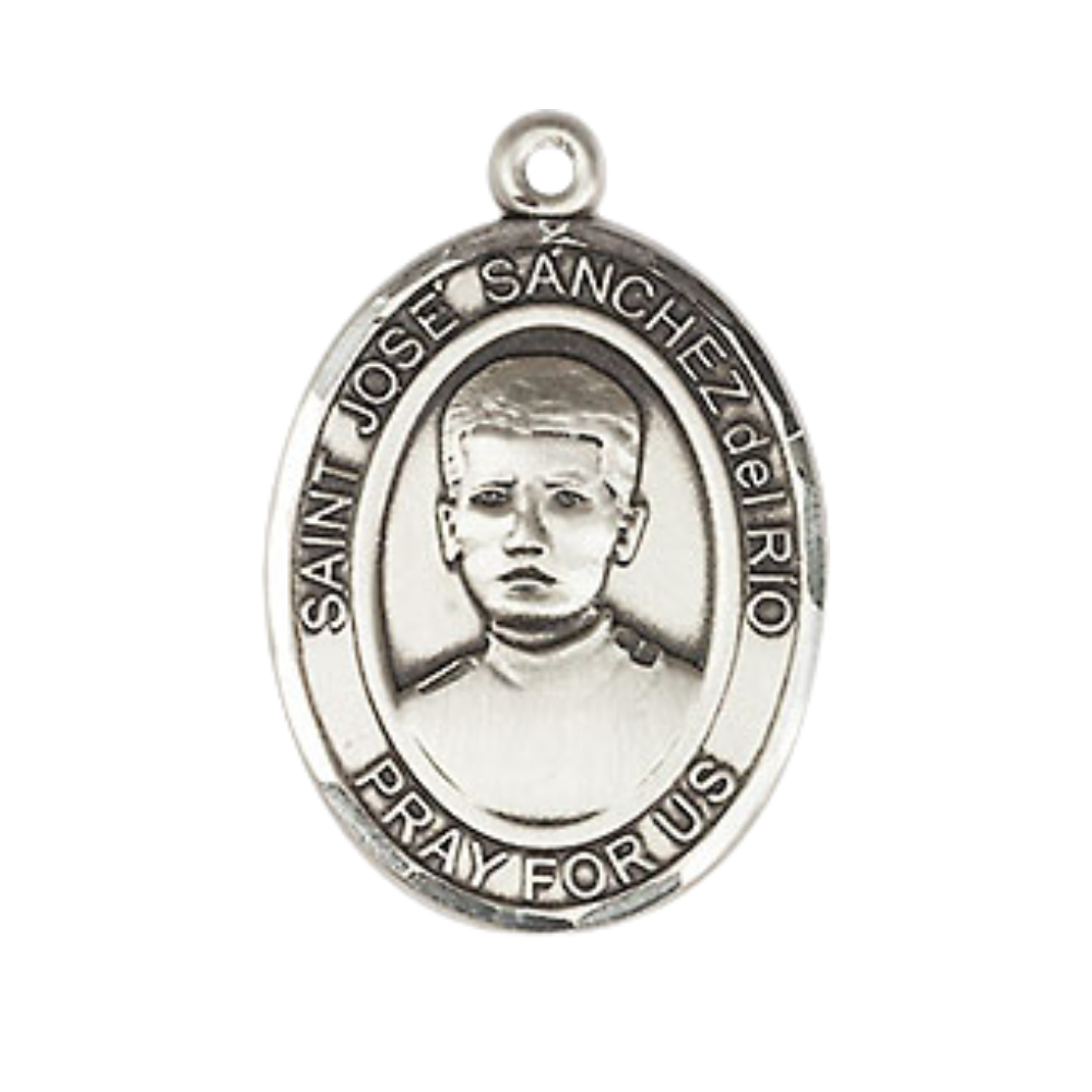 Everlasting Light Jewelry Medium Men's Pewter Patron Saint St.José Sánchez del Río Medal Pendant with 24" Rhodium Plated Heavy Curb Chain Catholic Religious Necklace - Made in USA,Deluxe Velvet Gift Box