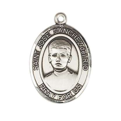 Everlasting Light Jewelry Medium Men's Pewter Patron Saint St.José Sánchez del Río Medal Pendant with 24" Rhodium Plated Heavy Curb Chain Catholic Religious Necklace - Made in USA,Deluxe Velvet Gift Box