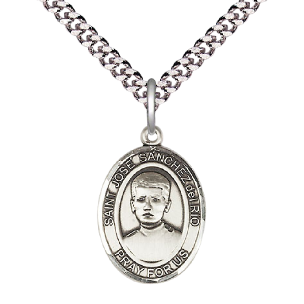 Medium Men's .925 Sterling Silver Patron Saint St. José Sánchez del Río Medal Pendant with 24 Inch Rhodium Plated Heavy Curb Chain Catholic Religious Necklace - Made in USA, Deluxe Velvet Gift Box