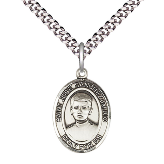 Medium Men's .925 Sterling Silver Patron Saint St. José Sánchez del Río Medal Pendant with 24 Inch Rhodium Plated Heavy Curb Chain Catholic Religious Necklace - Made in USA, Deluxe Velvet Gift Box