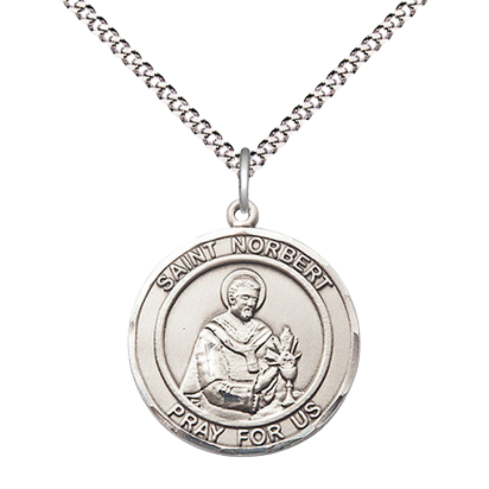 Medium Women's .925 Sterling Silver Saint St. Norbert of Xanten Pendant Necklace on 18 Inch Rhodium- Plated Lite Curb Brass Chain with Lobster Claw Clasp, Catholic Medal - Patron Saint. of Peace & Bohemia – Velvet Gift Box