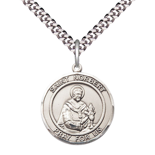 Medium Mens Round Sterling Silver St. Norbert of Xanten Medal Pendant with Rhodium Plated Heavy Curb Brass Chain w/ Lobster Claw Clasp, Catholic Religious Necklace -Made in USA-Velvet Gift Box