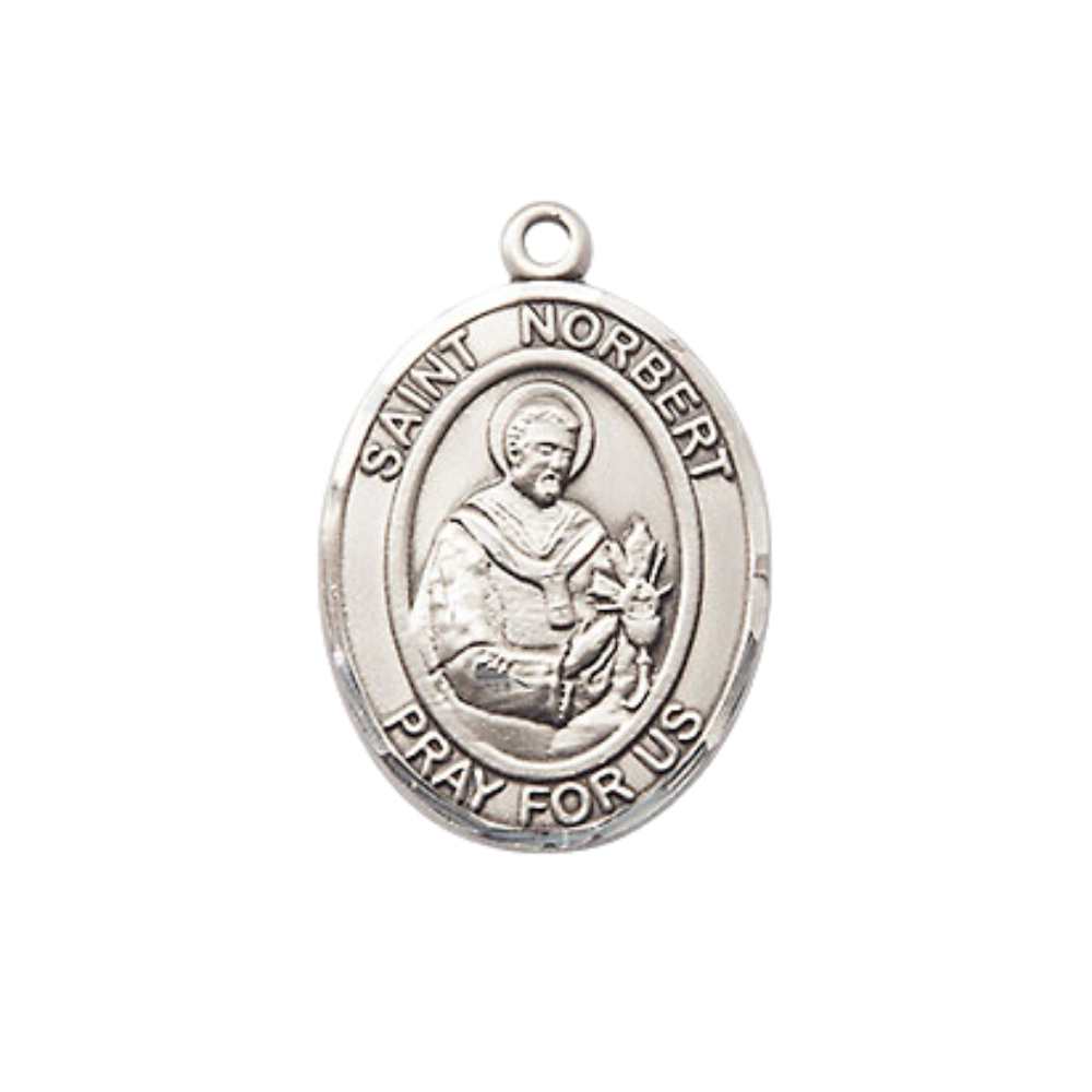 Everlasting Light Jewelry Medium Women's Pewter Saint St. Norbert of Xanten Pendant Necklace on 18- inch Rhodium- Plated Lite Curb Brass Chain – 3/4- inch Medal with Lobster Claw Clasp, Catholic Medal – Velvet Gift Box Included