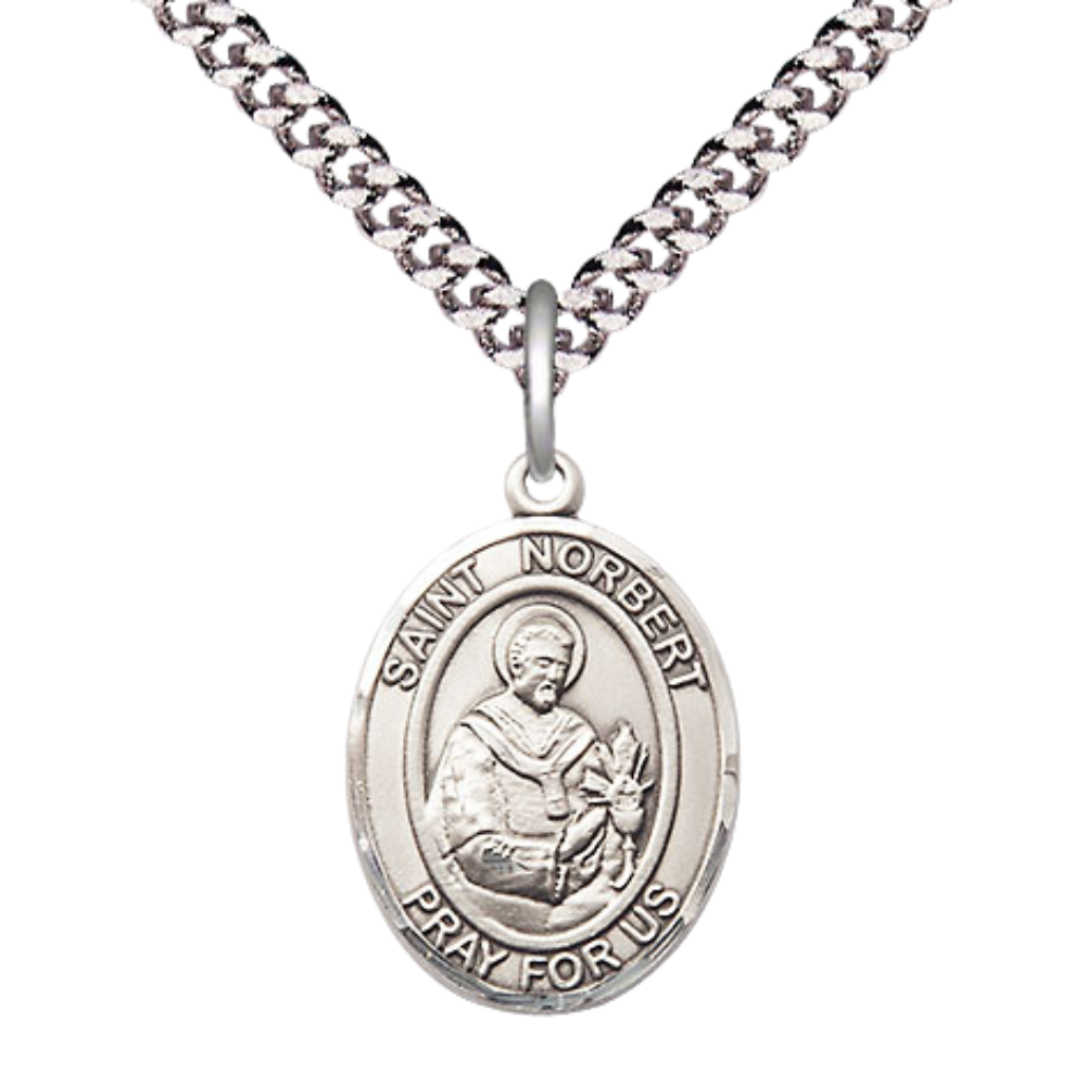 Mens Medium Oval Pewter Saint St. Norbert of Xanten Medal Pendant on 24 Inch Rhodium Plated Heavy Curb Brass Chain w/ Lobster Claw Clasp, Catholic Religious Necklace- Made in USA- Velvet Gift Box