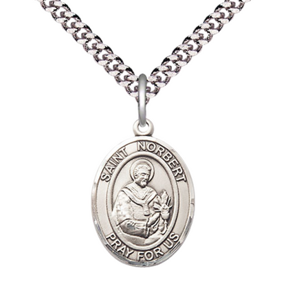 Mens Medium Oval Pewter Saint St. Norbert of Xanten Medal Pendant on 24 Inch Rhodium Plated Heavy Curb Brass Chain w/ Lobster Claw Clasp, Catholic Religious Necklace- Made in USA- Velvet Gift Box