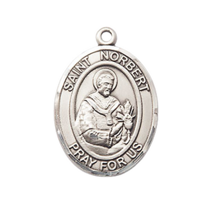 Medium Mens Oval .925 Sterling Silver Saint St. Norbert of Xanten Medal Pendant on 24 Inch Rhodium Plated Heavy Curb Brass Chain w/ Lobster Claw Clasp, Catholic Religious Necklace- Made in USA- Velvet Gift Box
