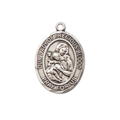 Medium Women's Pewter Our Lady of the Precious Blood Pendant Necklace on 18- inch Rhodium- Plated Lite Curb Brass Chain – 3/4- inch Medal with Lobster Claw Clasp, Catholic Medal – Velvet Gift Box Included