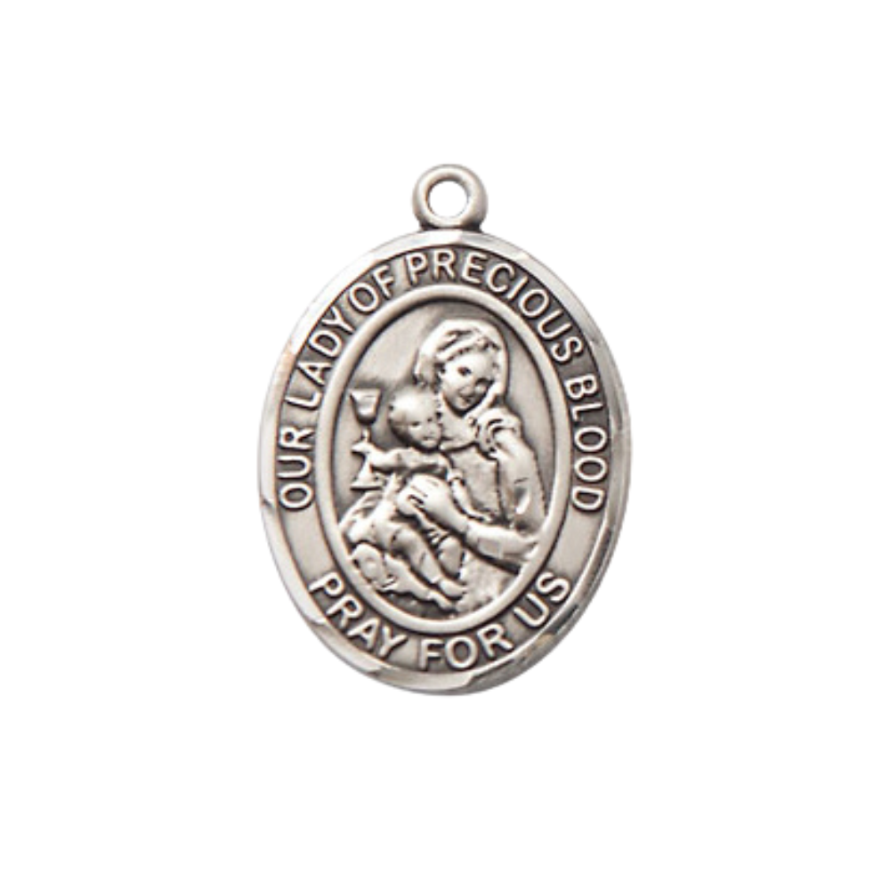 Everlasting Light Jewelry Medium Women's .925 Sterling Silver Our Lady of the Precious Blood Pendant Necklace on 18- Inch Rhodium- Plated Lite Curb Brass Chain – Velvet Gift Box – Inspirational Catholic Medal