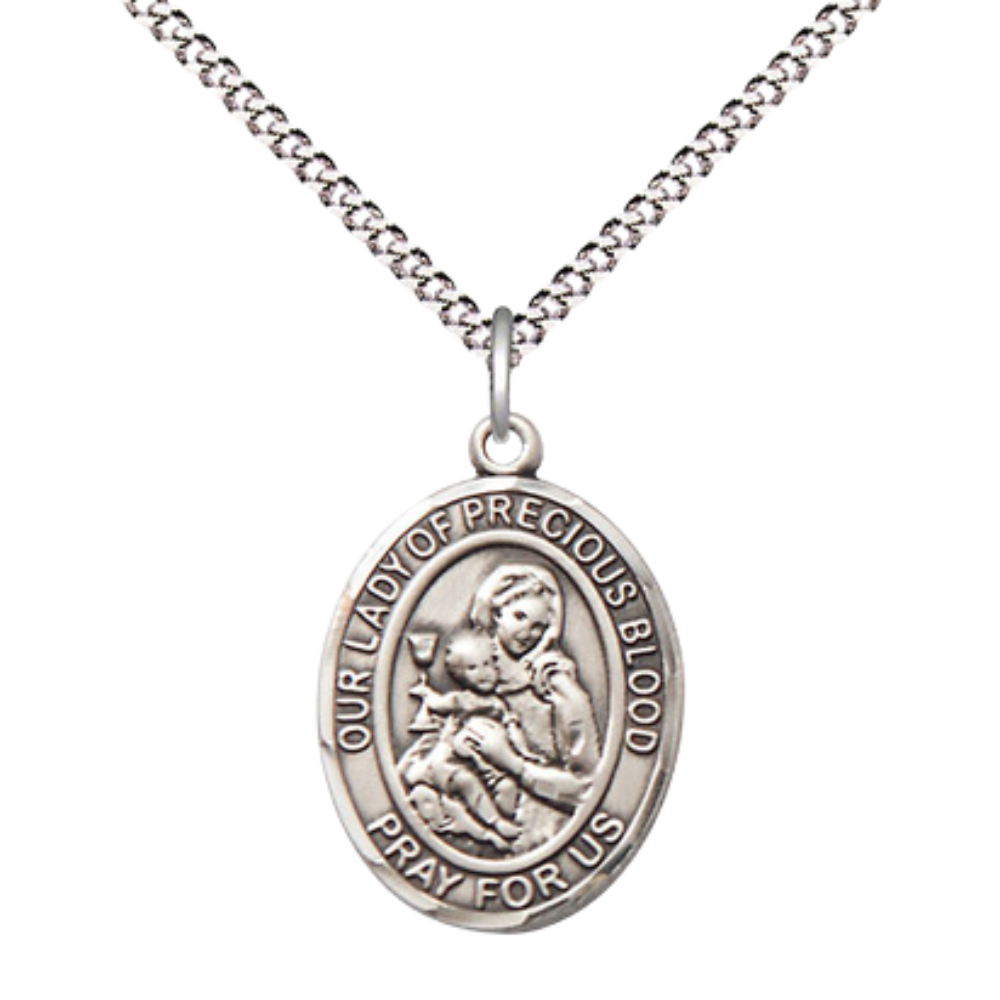 Everlasting Light Jewelry Medium Women's .925 Sterling Silver Our Lady of the Precious Blood Pendant Necklace on 18- Inch Rhodium- Plated Lite Curb Brass Chain – Velvet Gift Box – Inspirational Catholic Medal