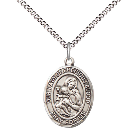 Medium Women's Pewter Our Lady of the Precious Blood Pendant Necklace on 18- inch Rhodium- Plated Lite Curb Brass Chain – 3/4- inch Medal with Lobster Claw Clasp, Catholic Medal – Velvet Gift Box Included