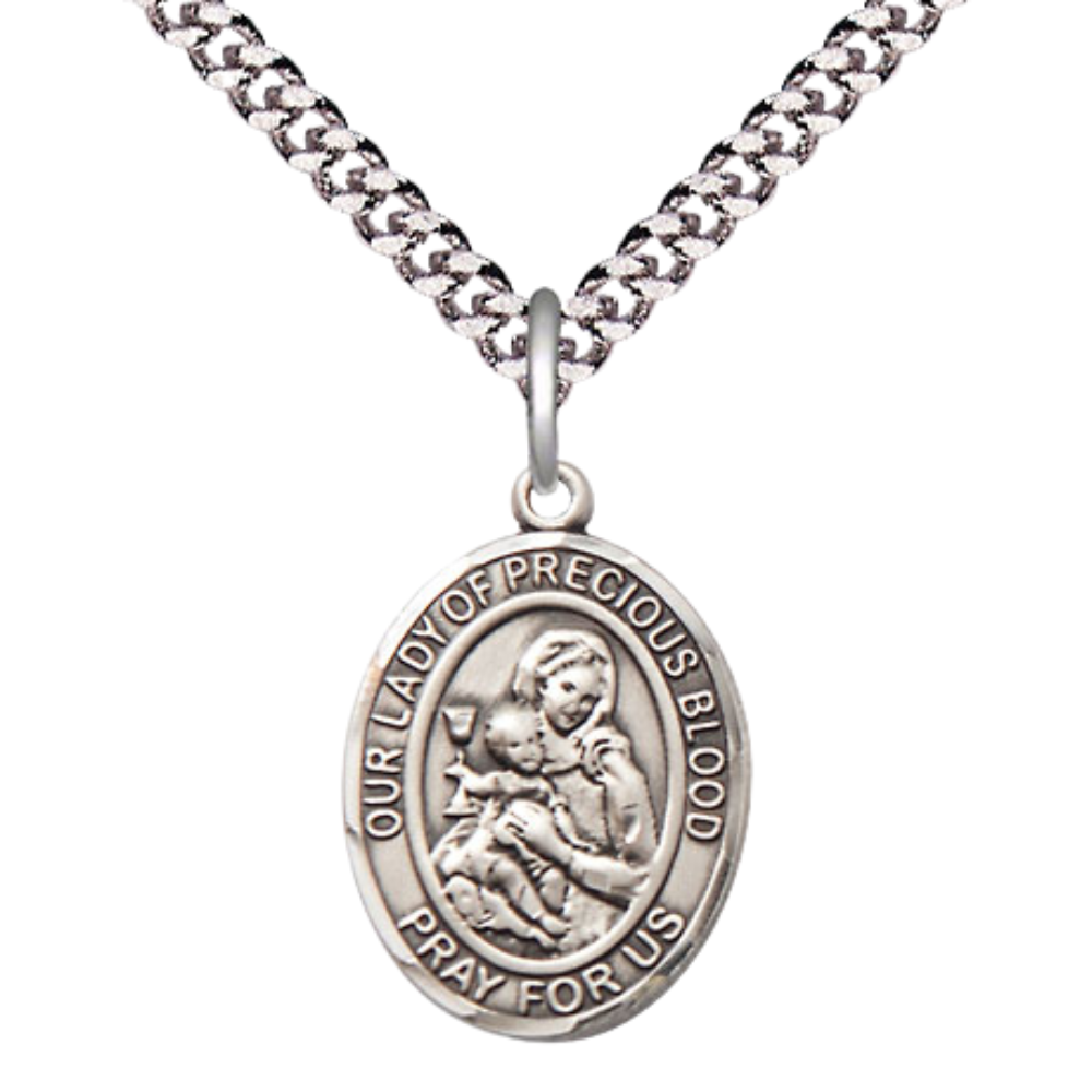 Medium Men's .925 Sterling Silver Our Lady of the Precious Blood Medal Pendant on 24 Inch Endless Rhodium Plated Heavy Curb Brass Chain, Catholic Religious Necklace - Made in USA- Deluxe Velvet Gift Box