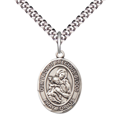 Medium Men's .925 Sterling Silver Our Lady of the Precious Blood Medal Pendant on 24 Inch Endless Rhodium Plated Heavy Curb Brass Chain, Catholic Religious Necklace - Made in USA- Deluxe Velvet Gift Box