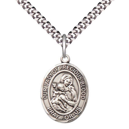 Medium Men's Pewter Our Lady of the Precious Blood Medal Pendant on 24 Inch Endless Rhodium Plated Heavy Curb Brass Chain, Catholic Religious Necklace - Made in USA- Deluxe Velvet Gift Box