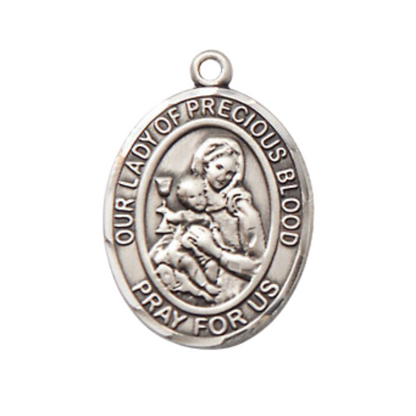 Medium Mens Oval Pewter Our Lady of the Precious Blood Medal Pendant on 24" Rhodium Plated Heavy Curb Brass Chain w/ Lobster Claw Clasp, Catholic Religious Necklace -Made in USA-Velvet Gift Box