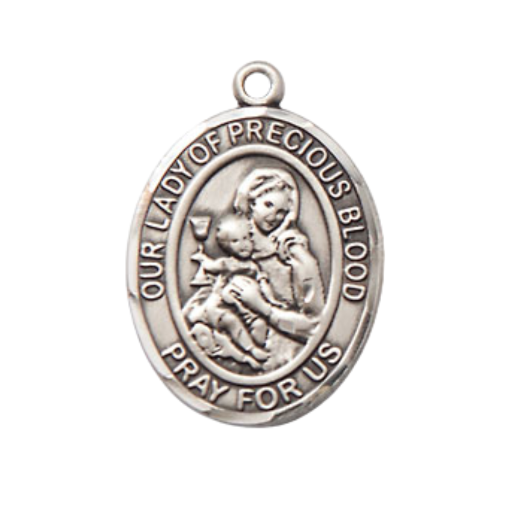 Medium Men's .925 Sterling Silver Our Lady of the Precious Blood Medal Pendant on 24 Inch Endless Rhodium Plated Heavy Curb Brass Chain, Catholic Religious Necklace - Made in USA- Deluxe Velvet Gift Box