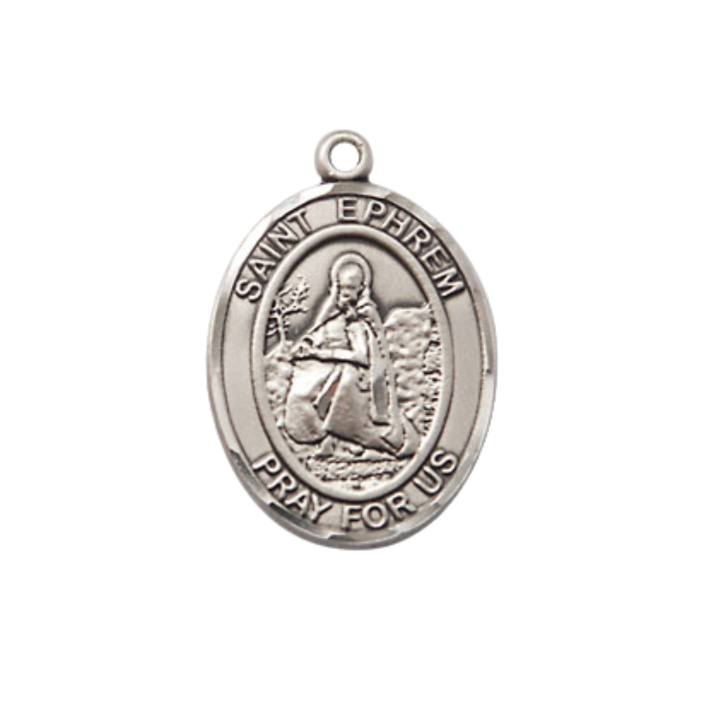 Everlasting Light Jewelry Medium Women's Pewter Saint St. Ephrem Pendant Necklace on 18- inch Rhodium- Plated Lite Curb Brass Chain – 3/4- inch Medal with Lobster Claw Clasp, Catholic Medal – Velvet Gift Box Included