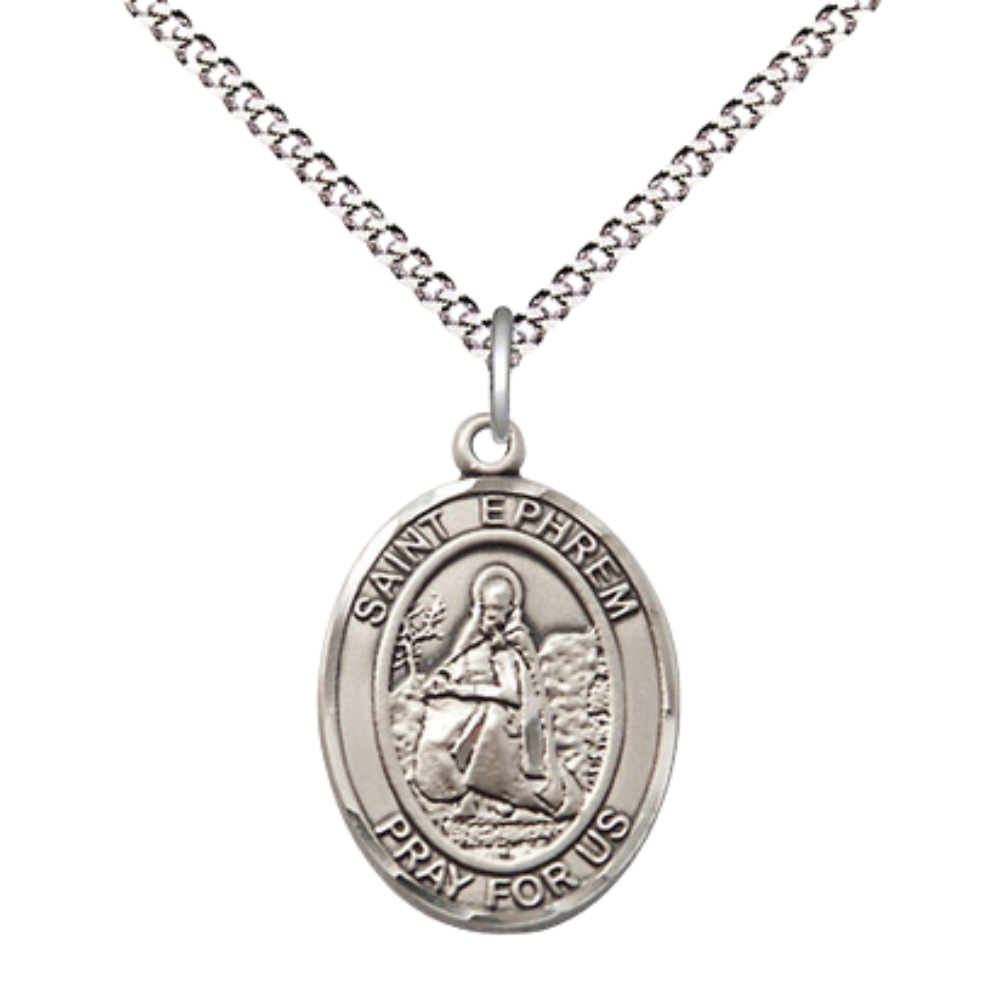 Everlasting Light Jewelry Medium Women's Pewter Saint St. Ephrem Pendant Necklace on 18- inch Rhodium- Plated Lite Curb Brass Chain – 3/4- inch Medal with Lobster Claw Clasp, Catholic Medal – Velvet Gift Box Included