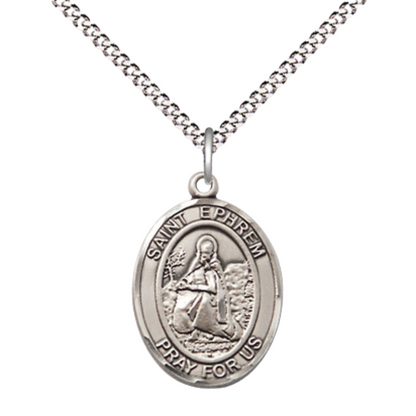 Everlasting Light Jewelry Medium Women's .925 Sterling Silver Saint St. Ephrem Pendant Necklace on 18Inch Rhodium-Plated Lite Curb Brass Chain, Catholic Medal – Velvet Gift Box – Patron Saint St. of Spiritual Leaders