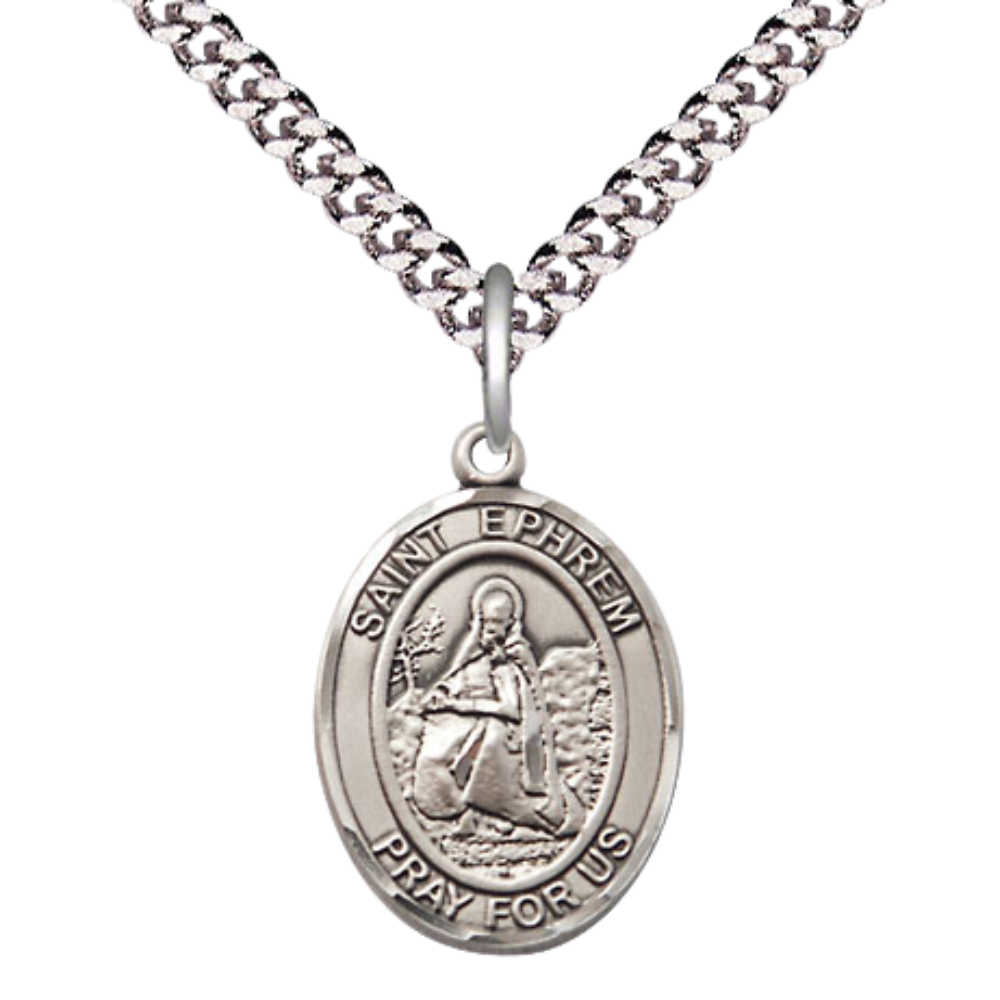 Mens Medium Oval Pewter Saint St. Ephrem Medal Pendant on 24 Inch Rhodium Plated Heavy Curb Brass Chain with Lobster Claw Clasp, Catholic Religious Necklace - Made in USA- Deluxe Velvet Gift Box