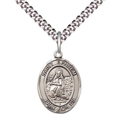 Everlasting Light Jewelry Medium Men's Pewter Saint St.Ephrem Medal Pendant on 24 Inch Endless Rhodium Plated Heavy Curb Brass Chain, Catholic Religious Necklace -Made in USA- Deluxe Velvet Gift Box