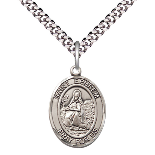 Everlasting Light Jewelry Medium Men's Pewter Saint St.Ephrem Medal Pendant on 24 Inch Endless Rhodium Plated Heavy Curb Brass Chain, Catholic Religious Necklace -Made in USA- Deluxe Velvet Gift Box
