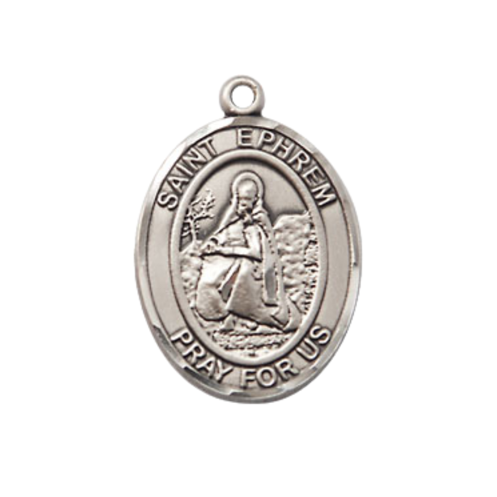 Everlasting Light Jewelry Medium Men's Pewter Saint St.Ephrem Medal Pendant on 24 Inch Endless Rhodium Plated Heavy Curb Brass Chain, Catholic Religious Necklace -Made in USA- Deluxe Velvet Gift Box