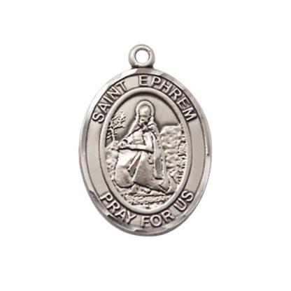 Everlasting Light Jewelry Medium Men's Pewter Saint St.Ephrem Medal Pendant on 24 Inch Endless Rhodium Plated Heavy Curb Brass Chain, Catholic Religious Necklace -Made in USA- Deluxe Velvet Gift Box