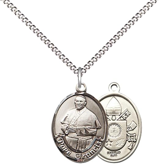 Everlasting Light Jewelry Medium Women's Pewter Pope Francis Pendant Necklace on 18- inch Rhodium- Plated Lite Curb Brass Chain – 3/4- inch Medal with Lobster Claw Clasp, Catholic Medal – Velvet Gift Box Included