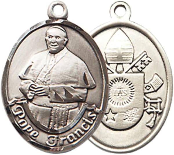 Everlasting Light Jewelry Medium Men's Pewter Pope Francis Medal Pendant 1 x 3/4" with 24 Inch inchRhodium Plated Heavy Curb Chain Catholic Religious Necklace - Made in USA, Deluxe Velvet Gift Box