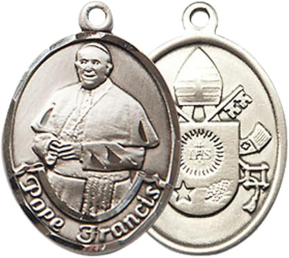 Everlasting Light Jewelry Medium Men's Pewter Pope Francis Medal Pendant 1 x 3/4" with 24 Inch inchRhodium Plated Heavy Curb Chain Catholic Religious Necklace - Made in USA, Deluxe Velvet Gift Box