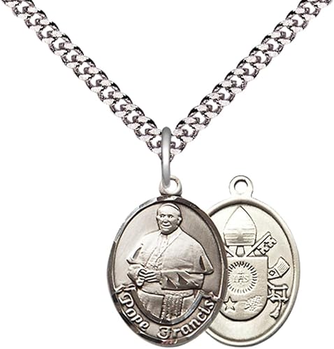 Everlasting Light Jewelry Medium Men's Pewter Pope Francis Medal Pendant 1 x 3/4" with 24 Inch inchRhodium Plated Heavy Curb Chain Catholic Religious Necklace - Made in USA, Deluxe Velvet Gift Box