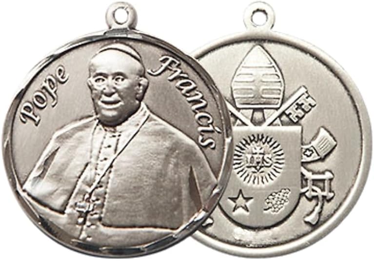 Everlasting Light Jewelry Medium Women's Pewter Pope Francis Medal Pendant on 18 Inch Rhodium Plated Lite Curb Brass Chain w/Lobster Claw clasp, Made in USA, Catholic Medal - Deluxe Velvet Gift Box