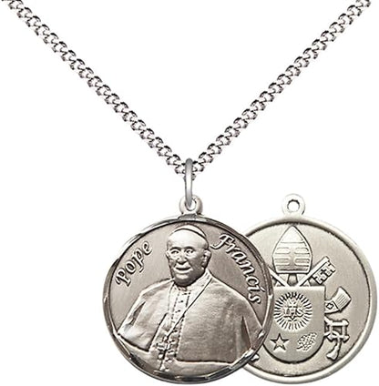 Everlasting Light Jewelry Medium Women's Pewter Pope Francis Medal Pendant on 18 Inch Rhodium Plated Lite Curb Brass Chain w/Lobster Claw clasp, Made in USA, Catholic Medal - Deluxe Velvet Gift Box