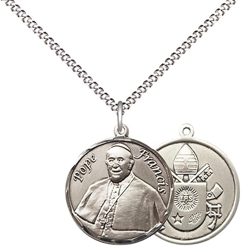 Everlasting Light Jewelry Medium Women's Pewter Pope Francis Medal Pendant on 18 Inch Rhodium Plated Lite Curb Brass Chain w/Lobster Claw clasp, Made in USA, Catholic Medal - Deluxe Velvet Gift Box
