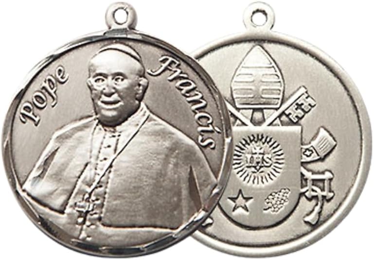 Everlasting Light Jewelry Medium Men's Pewter Pope Francis Medal Pendant on 24 Inch Endless Rhodium Plated Heavy Curb Brass Chain, Catholic Religious Necklace - Made in USA- Deluxe Velvet Gift Box