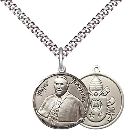 Everlasting Light Jewelry Medium Men's Pewter Pope Francis Medal Pendant on 24 Inch Endless Rhodium Plated Heavy Curb Brass Chain, Catholic Religious Necklace - Made in USA- Deluxe Velvet Gift Box