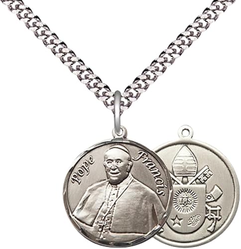 Everlasting Light Jewelry Medium Men's Pewter Pope Francis Medal Pendant on 24 Inch Endless Rhodium Plated Heavy Curb Brass Chain, Catholic Religious Necklace - Made in USA- Deluxe Velvet Gift Box