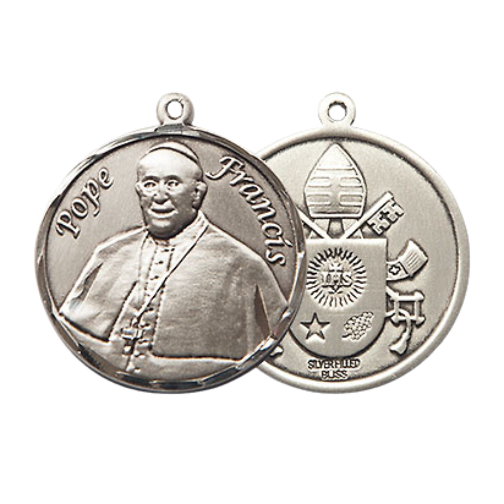 Medium Women's .925 Sterling Silver Pope Francis Pendant Necklace – ¾” x ?” Medal on 18 Inch Rhodium- Plated Lite Curb Brass Chain with Lobster Claw Clasp – Inspiring Symbol of Faith, Catholic Medal – Velvet Gift Box