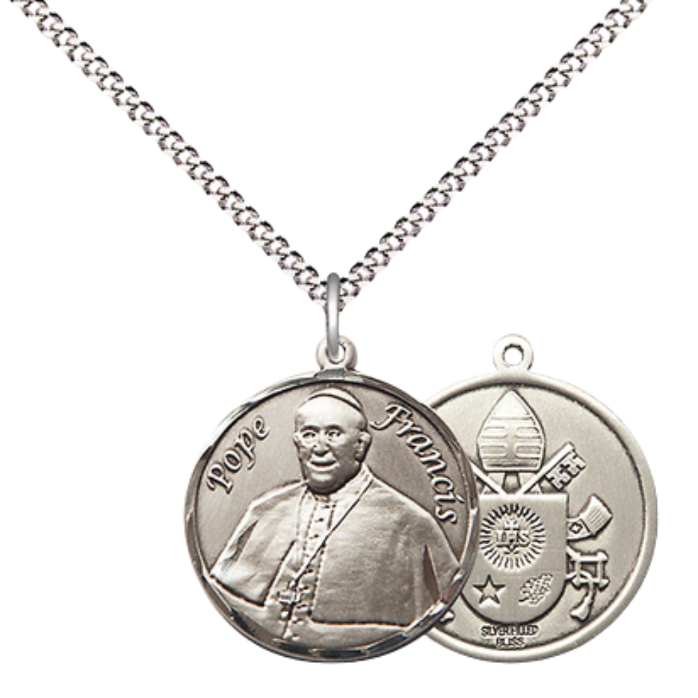 Medium Women's .925 Sterling Silver Pope Francis Pendant Necklace – ¾” x ?” Medal on 18 Inch Rhodium- Plated Lite Curb Brass Chain with Lobster Claw Clasp – Inspiring Symbol of Faith, Catholic Medal – Velvet Gift Box