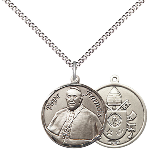 Medium Women's .925 Sterling Silver Pope Francis Pendant Necklace – ¾” x ?” Medal on 18 Inch Rhodium- Plated Lite Curb Brass Chain with Lobster Claw Clasp – Inspiring Symbol of Faith, Catholic Medal – Velvet Gift Box
