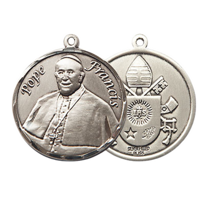 Medium Men's .925 Sterling Silver Pope Francis Medal Pendant on 24 Inch Endless Rhodium Plated Heavy Curb Brass Chain, Catholic Religious Necklace -Made in USA- Deluxe Velvet Gift Box