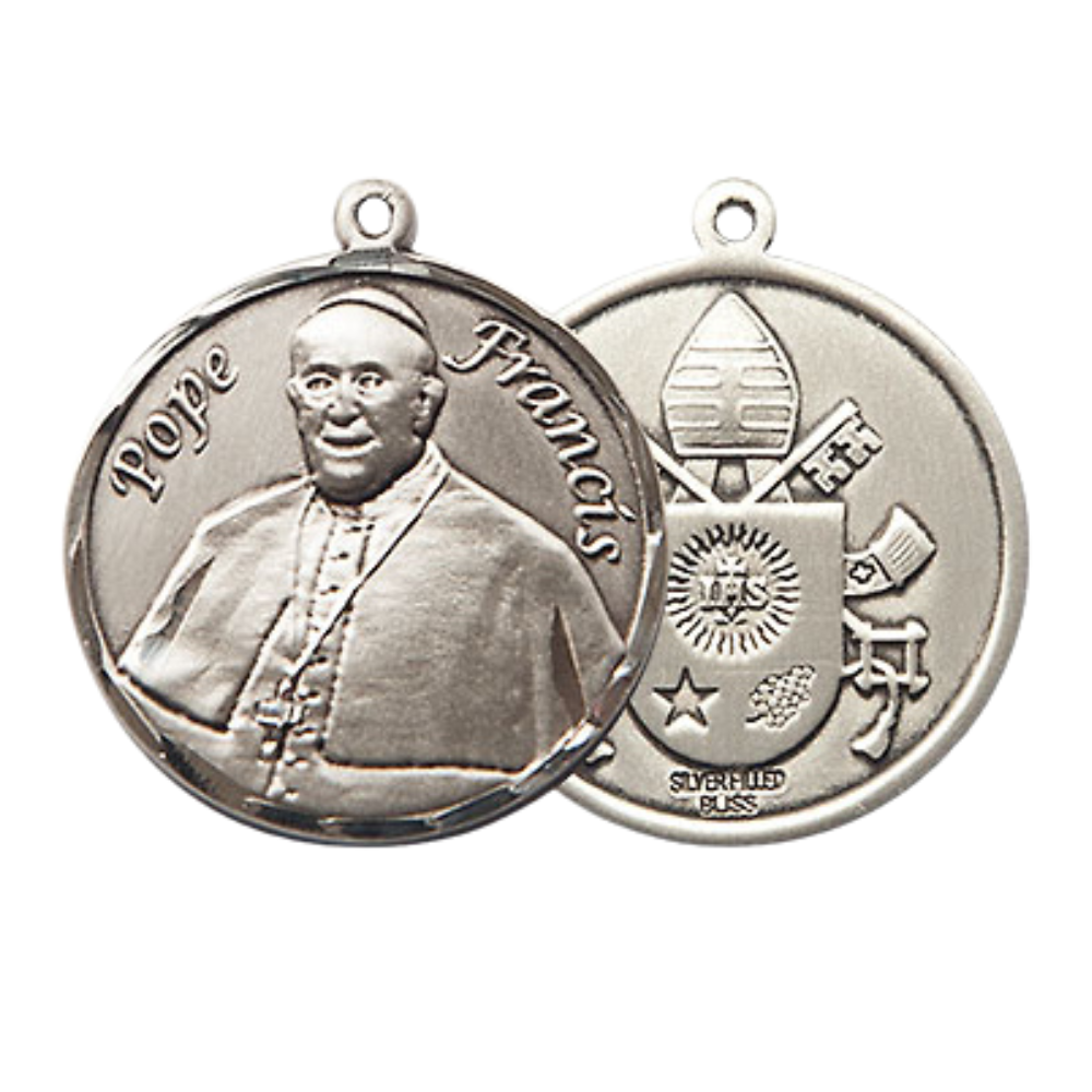 Medium Mens Round .925 Sterling Silver 3/4 x 5/8 Pope Francis Medal Pendant with Rhodium Plated Heavy Curb Brass Chain with Lobster Claw Clasp, Catholic Religious Necklace - Made in USA- Velvet Gift Box