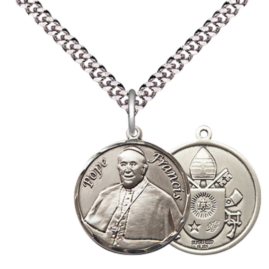 Medium Mens Round .925 Sterling Silver 3/4 x 5/8 Pope Francis Medal Pendant with Rhodium Plated Heavy Curb Brass Chain with Lobster Claw Clasp, Catholic Religious Necklace - Made in USA- Velvet Gift Box