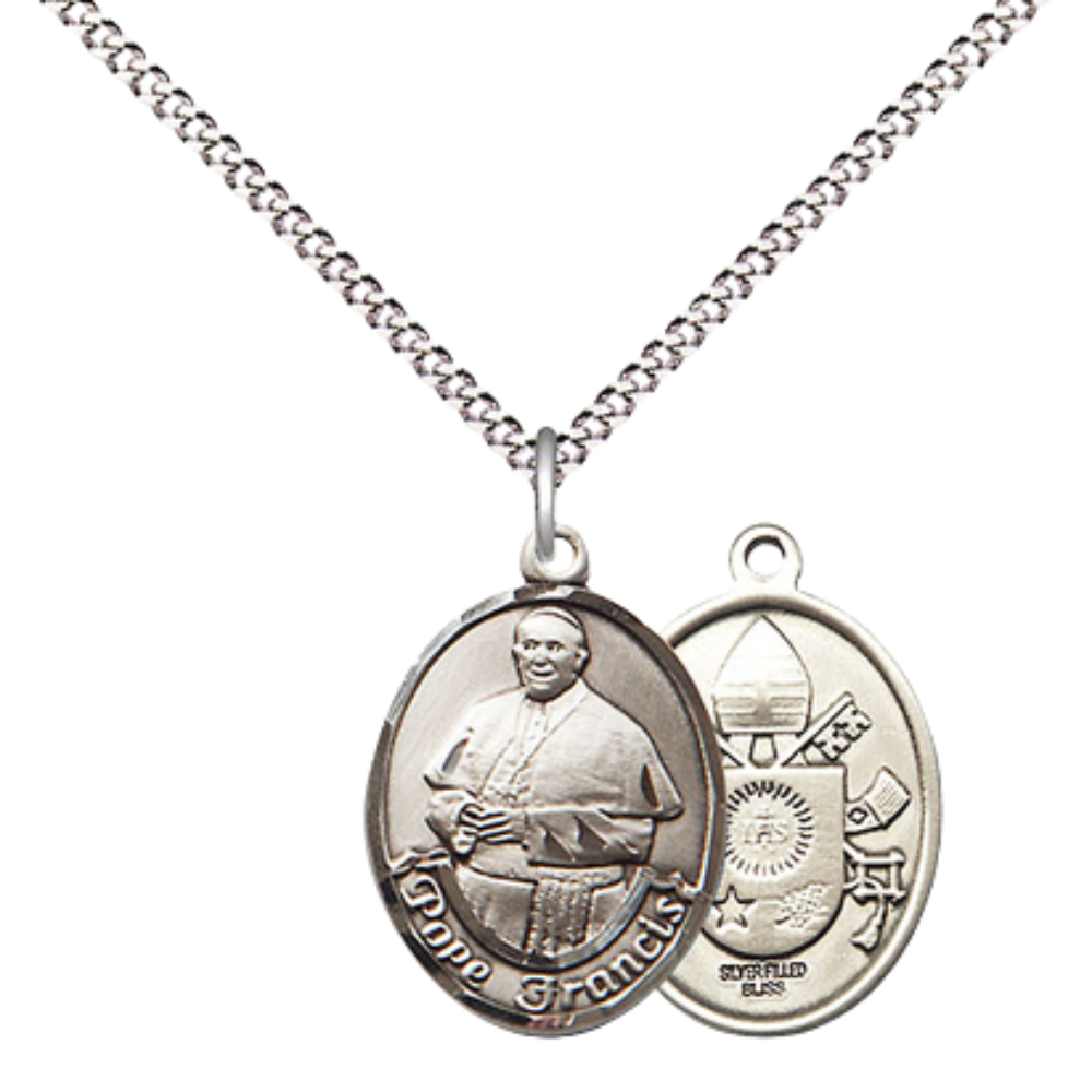 .925 Sterling Silver Pope Francis Medal Pendant on 18 Inch Rhodium Plated Lite Curb Brass Chain with Lobster Claw Clasp, Catholic Religious Necklace - Made in USA- Prayer Card Included