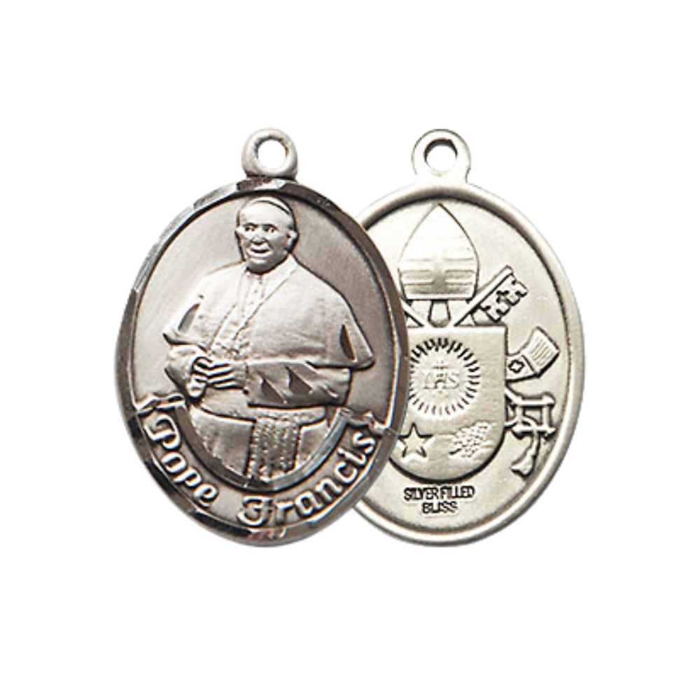 .925 Sterling Silver Pope Francis Medal Pendant on 18 Inch Rhodium Plated Lite Curb Brass Chain with Lobster Claw Clasp, Catholic Religious Necklace - Made in USA- Prayer Card Included