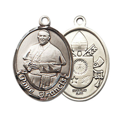 Mens Medium Oval .925 Sterling Silver Pope Francis Medal Pendant on 24 Inch Rhodium Plated Heavy Curb Brass Chain w/ Lobster Claw Clasp, Catholic Religious Necklace- Made in USA- Velvet Gift Box