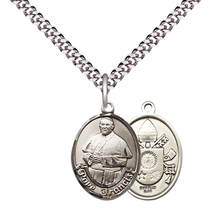 Mens Medium Oval .925 Sterling Silver Pope Francis Medal Pendant on 24 Inch Rhodium Plated Heavy Curb Brass Chain w/ Lobster Claw Clasp, Catholic Religious Necklace- Made in USA- Velvet Gift Box